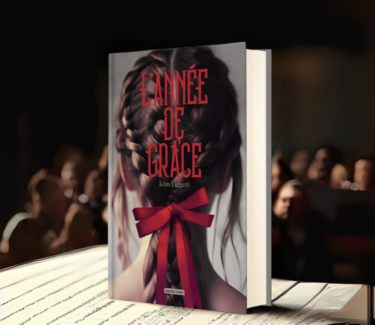 Couverture du livre "L'Année de Grâce" de Kim Liggett, montrant l'arrière d'une tête tressée avec un ruban rouge, posé sur un cahier ancien.