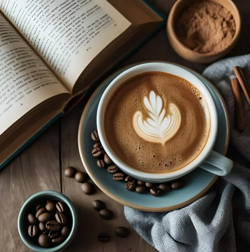 Une tasse de café latte avec un motif de feuille en latte art, posée sur une soucoupe bleue avec des grains de café, à côté d'un livre ouvert, de cannelle et d'une poudre marron.